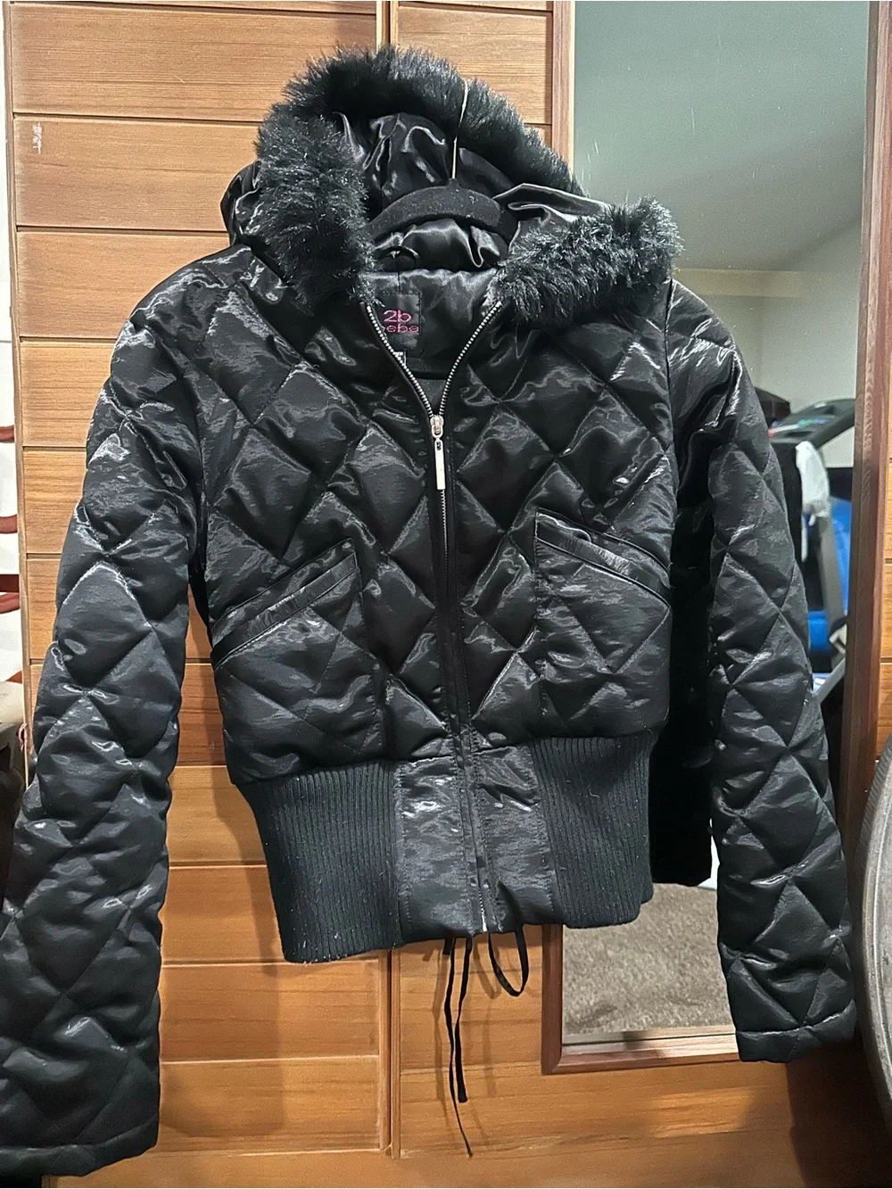 2B Bebe Black Quilted Fur-Trim Hooded Bomber